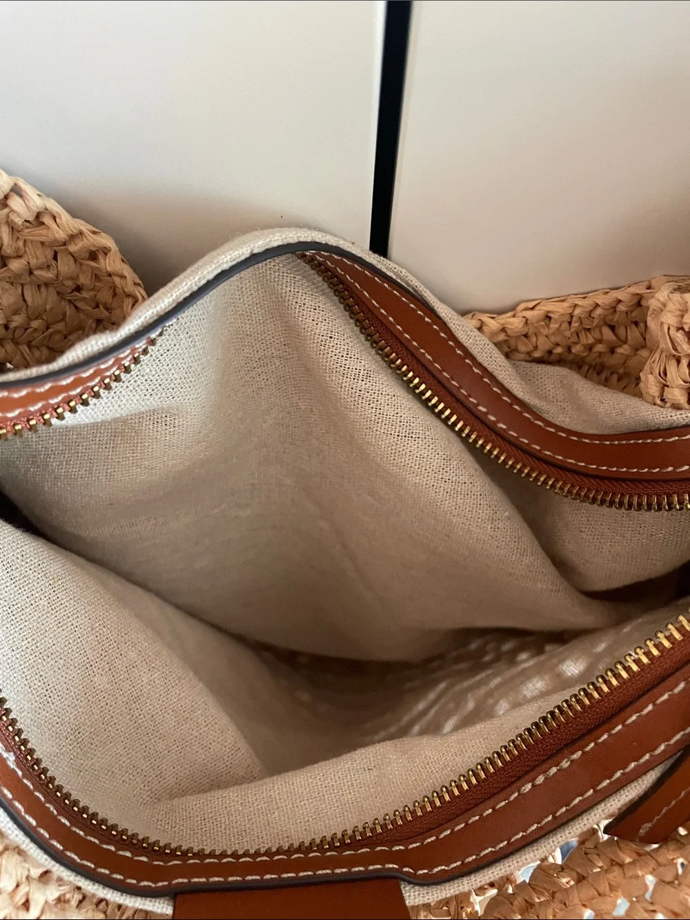 Mango Woven Straw Hobo Bag with Brown Leather Trim CB CB - Picture 5 of 14